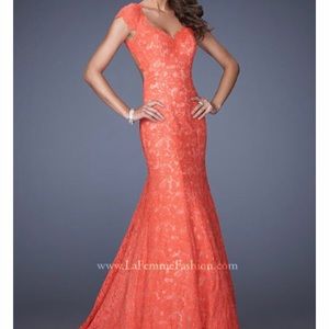 Sherri Hill Orange Lace Evening Gown